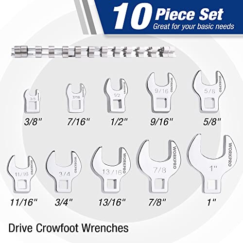 WORKPRO 3/8" Drive Crowfoot Wrench Set, 10-Piece SAE, 3/8"-1" - size: Crowfoot SAE