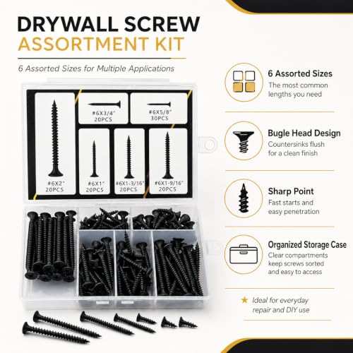 Drywall Screw Assortment Kit, 130PCS 6 Sizes, Self-Tapping Bugle Head, Black Oxide Coated