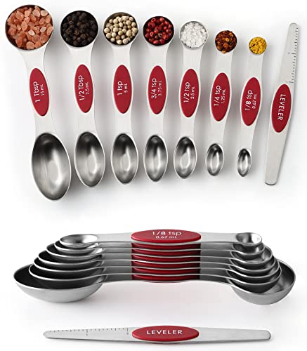 Spring Chef Stainless Steel 8 Magnetic Measuring Spoons Set, 2 Pack, Red - color: Red, size: 2-Pack
