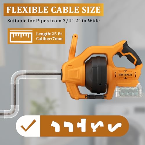 Cordless Drain Auger Compatible with Dewalt 20V Battery, 24 FT Replaceable Auto-Feed Plumbing Drain Snake That Clear Clogs in 3/4''-3” Pipes of Sink, Toilet, Bathtub, and Sewer(No Battery)
