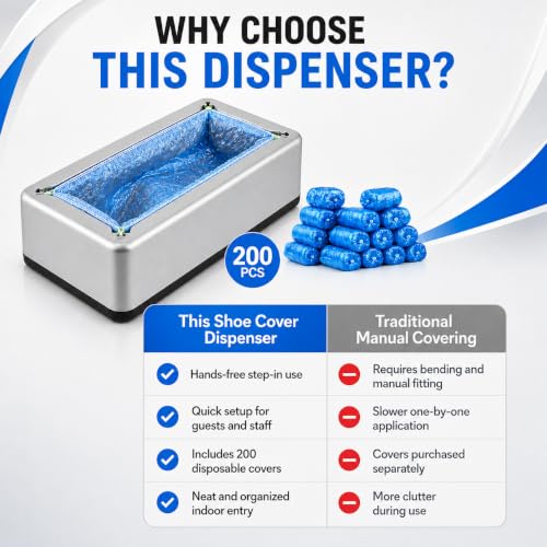 Shoe Covers Dispenser with 200 Pcs (100 Pairs), Disposable Non-Slip Covers, Automatic Shoe Cover Machine deal for House, Hands-Free Design, Fits Most Sizes, Office, Hospital Floor Protection (Silver)