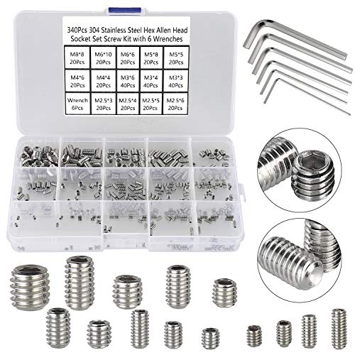 340Pcs M2.5, M3, M4, M5, M6, M8 Metric Hex Socket Head Cup Point Set Screws, Allen Head Grub Screw, Internal Hex Drive Headless Set Screw Assortment Kit with 6 Hex Wrenches, 304 Stainless Steel - color: Silver-340pcs Metric M2.5-M8 Cup Point Set Screw