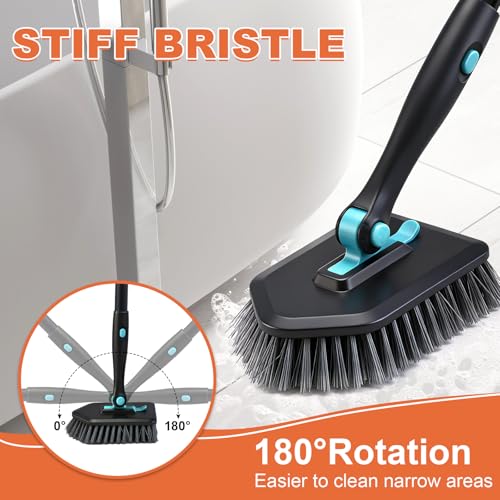 Long Handled Scrub Brush for Shower,3-in-1 Cleaning Brushes with 3 Different Function Cleaning Heads Brush for Shower Cleaning Bathroom Kitchen Walls Tub Tile (Black) - color: Black