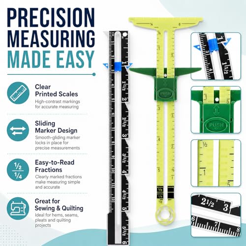 Sewing Gauge Measuring Tool Set, 5-in-1 Sliding Marker & Seam Gauge Ruler | Acrylic T-Shaped Quilting Ruler Set, Essential Sewing & Quilting Tools for Hemming, Buttonhole Marking & Crafting 5Pcs Yellow - color: Yellow