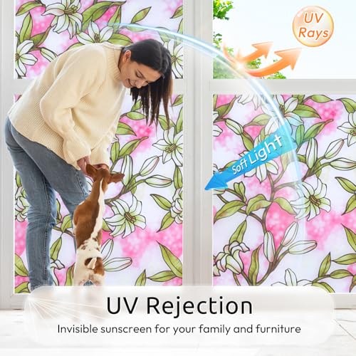 rabbitgoo Stained Glass Window Privacy Film, Pink Lily, 17.5" X 78.7" | Anti UV Heat Blocking Frosted Glass Static Cling Removable, for Bathroom, Bedroom, Living Room - color: Pink Lily, size: 17.5" x 78.7"