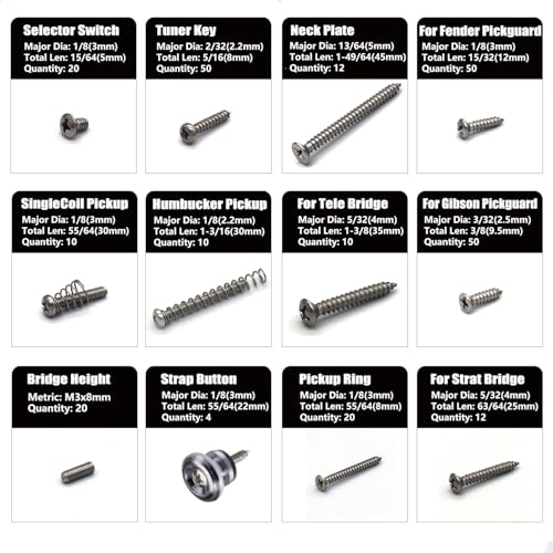 Guitar Screws Kit 304 Stainless Steel Luthier Parts-kit for Tele/Strat/SQ,Switch,Tuner,Machine Head, Neck Plate,Pickguard,Guitar Strap End Pins,Pickup,Bridge,Guitar DIY Kit(Metric, Chrome) - color: Uncoated