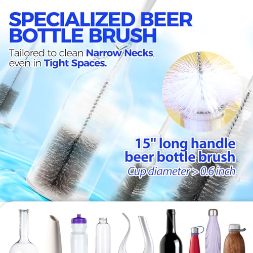 Holikme 10 Pack Bottle Brush Set 15" Long Handle Cleaner Brush,White