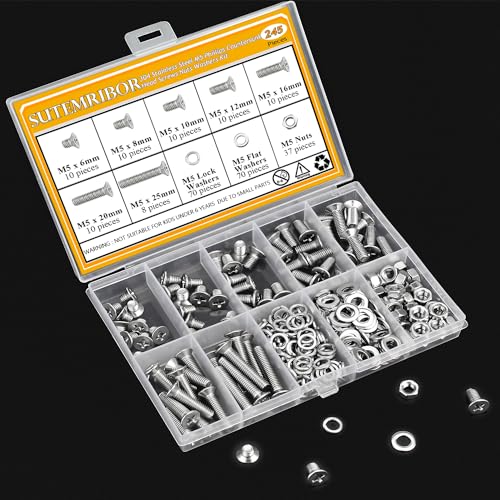 245 Pieces M5 Machine Screws Nuts Washers Set, Sutemribor M5 x 6/8/10/12/16/20/25mm Phillips Countersunk Head Machine Screws Nuts Washers Assortment Kit, 304 Stainless Steel, Fully Threaded - size: M5, style: Phillips Countersunk Head