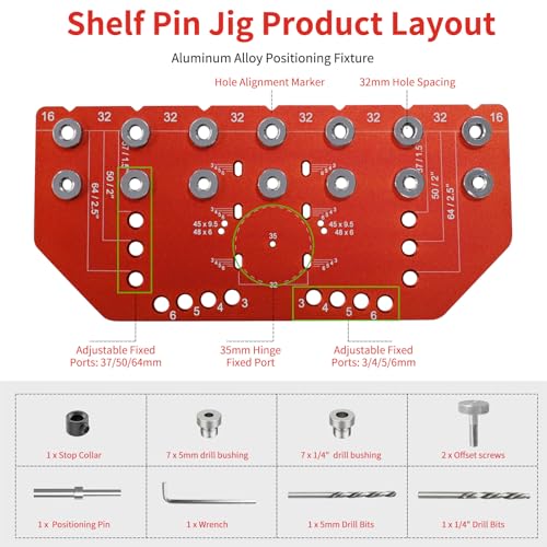 2-in-1 Shelf Pin Jig and Hinge Jig, Aluminum Adjustable Shelf Pin Drilling Jig for 5mm and 1/4" Straight Holes Shelf Peg Hole Jig for DIY Cabinet Woodworking and Home Improvement