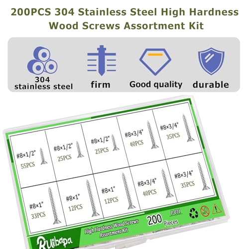 200PCS 304 Stainless Steel High Hardness Wood Screws Assortment Kit, 3 Sizes #8×1/2",#8×3/4",#8×1",Phillips Drive Flat Head, Wood Screws, Screws, Assorted Screws, Screws Set,Sheet Metal Screws - size: 200PCS-SV