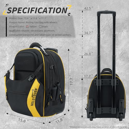 MELOTOUGH Rolling Tool Bag with Wheels,Large Heavy Duty Rolling Tool Bag for Men with 35 Pockets&Telescoping Handle for Electrician,HVAC,Construction,Technicians,Mechanic,Welder (Yellow) - color: Yellow Rolling Tool Bag