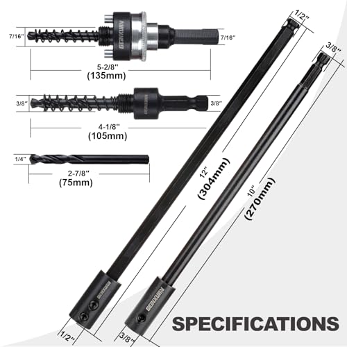 GEINXURN General Quick-Change Hole Saw Mandrel Kit, Includes 7/16-inch and 3/8-inch Arbor, 3 Pilot Drills, 2 hex Wrenches,Springs with 8“-3/8 inch and 10”-1/2 Inch Hex Shank Locking Impact Extension - size: GHSM038LX2EC