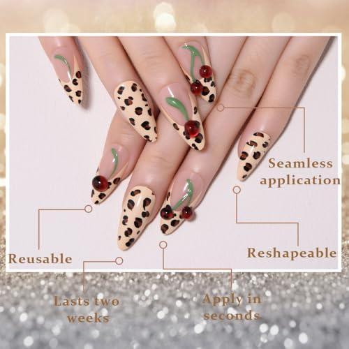 Spring & Summer 3D Cherry Leopard Print Press On Nails, Medium Almond Cheetah French Tip, Salon Quality Designer Reusable Acrylic Fake Nails, Stylish for Women’s Daily Wear & Birthday Parties - color: LF-3688, size: 24 Pieces (Pack of 1)