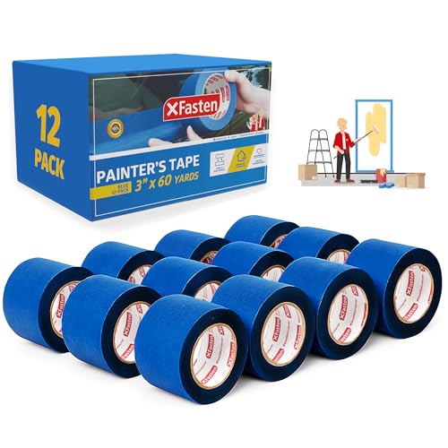XFasten Blue Painters Tape Bulk 3-Inch x 60-Yards (12-Pack, 2160ft Total) Wall Safe Painters Tape 3 Inch Wide, Blue Masking Tape Bulk, Paint Tape for Walls, Painting, Automotive - size: 3-Inch x 60-Yards (12-Pack, 2,160ft Total)