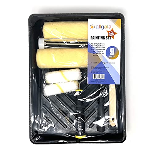 Allgala Paint Roller Kit 9 Pack Lint Free Paint Roller with Roller Frames Covers Brush Mixer and Large Tray - TH10301 - color: 9PC 9IN