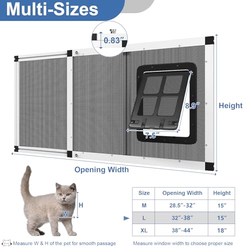 Ventilated Pet Door for Window, Fits 32"-38" Width Window, 2-Min Install | Aluminum Frame + Stainless Steel Mesh | Breathable Bug-Proof | Magnetic Closure Window Cat Door, Cat Door for Window Insert - size: Fit Window: 32''-38''