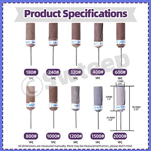 Swpeet 10 Pcs Sanding Drums Sleeves Kit, 180-2500 Grit Sandpaper Grinding Head Sandpaper Bar Stick, Abrasives Cartridge Rolls, Polishing Burr Stick Roller Sanding Tool, Woodworking Polishing Tool