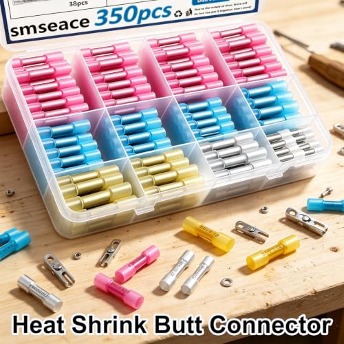 smseace 350PCS Heat Shrink Butt Connectors 26-14/22-16/16-14/12-10AWG Waterproof Electrical Wire Butt Crimp Connectors for Automotive Boat Stereo Industrial Equipment - size: 350Pcs