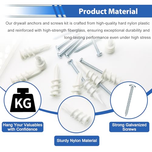 smseace 103Pcs Self Drilling Drywall Anchors with Screws Kit, 51Pcs #8-1-1/2” Self-Tapping Screw, 51Pcs Drywall Anchor, 1Pcs Drill bit Holds Upto 75lbs - color: White