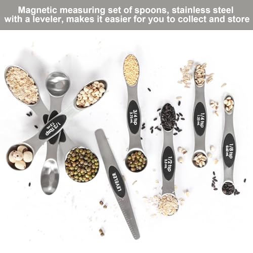 Magnetic Measuring Spoons Set with Leveler, Stackable Stainless Steel Tablespoons for Baking, Fits in Spice Jars - color: Silver