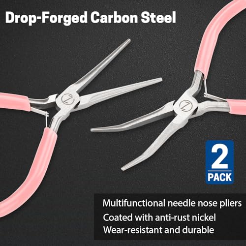 VISEMAN 6" Mini Needle Nose Pliers, 2PCS Pink Long Nose Pliers Set - style: Pink (Straight + 45-Degree Bent)