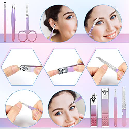 Aceoce Manicure Set Women Nail Clippers Professional Manicure Pedicure Kit Stainless Steel Nail Cutter Grooming Kit Personal Care Tool with Travel Case Gifts for Women Her Valentine's Day Mother's Day - color: Gradual Purple