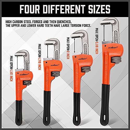 HORUSDY 4 Pack Heavy Duty Pipe Wrench Set, Adjustable 8" 10" 12" 14" Soft Grip Plumbing Wrench Set with Storage Bag - style: 4 Pieces
