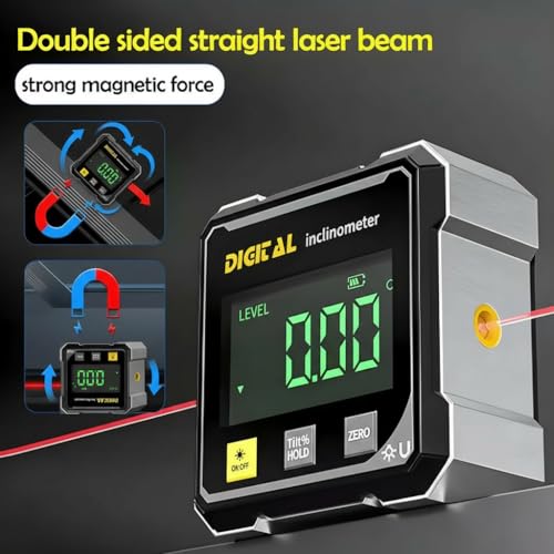 Digital Angle Finder,4 sided magnetic digital angle gauge, USB Rechargeable & Large LED Display for Woodworking, Construction (Black)