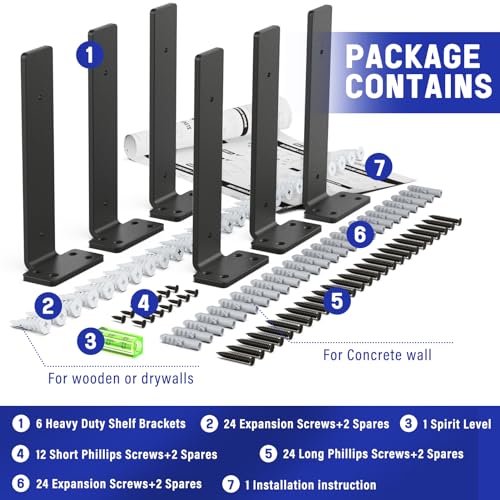 Goovilla Shelf Bracket, Floating Shelf Brackets 10 inch Long, 6 Pack, Black - size: 10 Inch, style: Black 6Pack