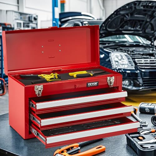 VEVOR Metal Tool Box, 20.5-inch, Portable Metal Tool Box with 3 Drawers, Small Tool Chest with EVA Liners, Ball Bearing Slide Drawers Locking & Powder Coated Finish, Multi-Function Tool Organizer, Red - size: 3 Drawers-Red