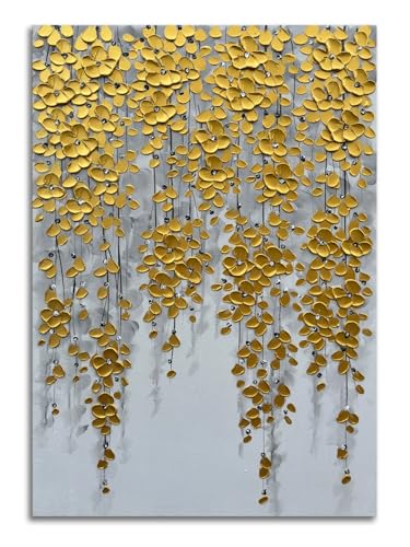 zoinart 3D Modern Oil Painting on Canvas Hand Painted Abstract Flower Paintings Gold Floral Artwork Texture Vertical Canvas Wall Art Contemporary Art - color: YH-D73