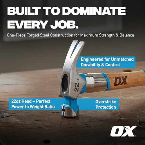 OX 22 oz Framing Hammer Milled Face with Rubber Grip Wood Handle Hammers with American Hickory - Claw Martillos De Construccion - style: 22-oz Hammer + Steel shaft & Grip