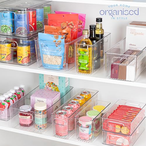 Plastic Food Storage 6 Pack Clear Container Bin with Handles for Organizing Kitchen, Pantry, Refrigerator, Freezer, Pantry, Cabinet, Closet, Bathroom. 16”x8”x5” - size: 16x8x5