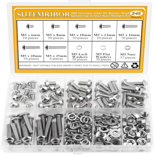 245 Pieces M5 Screws Nuts Washers Set, Sutemribor M5 x 6/8/10/12/16/20/25mm Button Head Socket Cap Screws Nuts Washers Assortment Kit, 304 Stainless Steel, Fully Threaded - size: M5, style: Button Head Socket Cap