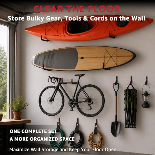 18-Piece Heavy Duty Garage Storage Hooks - 6x15” Jumbo Garage Hooks with EVA Padding (120 LB Capacity) + 6x3.5” Utility Hooks & 6 Storage Straps, Wall Rack for Kayak, Bike, Surfboard, Ski, Ladder