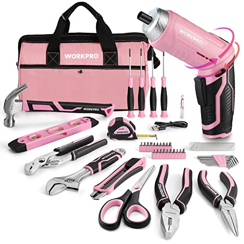 WORKPRO 53-Piece Pink Tool Set with Cordless Screwdriver & Tool Bag