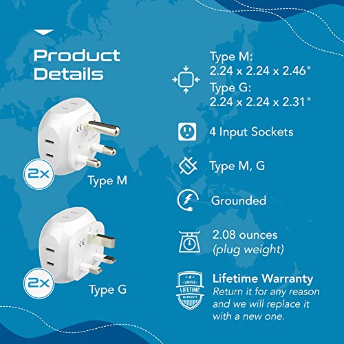 Ceptics South Africa Travel Plug Adapter Set - 4 Input - Ultra Compact - Light Weight - Type M and Type G - USA to Any Type M Countries Such as Botswana, Namibia - 4 Pack (PT-7-10L-4PK),White - size: 4 Pack, style: Type G, M - South Africa set
