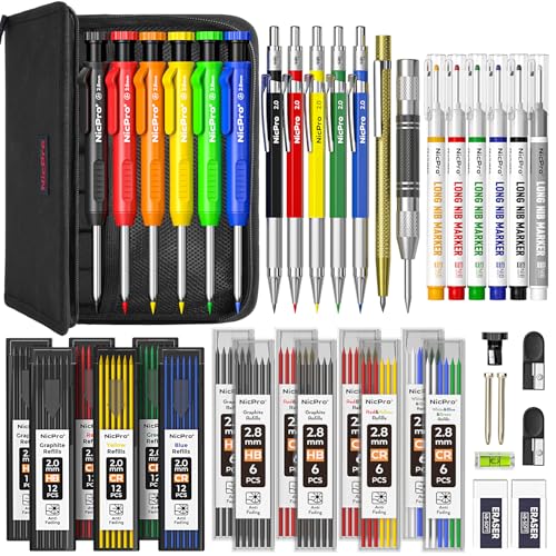 Nicpro 42Pack Carpenter Pencil with Sharpener, Mechanical Carpenter Pencils Set with Deep Hole Long Nib Marker Pen, Carbide Scribe Tool & Construction Pencil for Architect Woodworking-With Canvas Case - size: 42 Pack