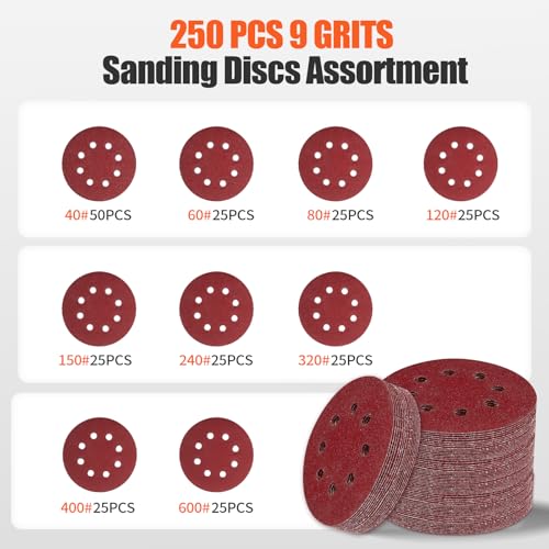 250 PCS 5-Inch 8-Hole Hook & Loop Sanding Discs Set, 40 60 80 120 150 240 320 400 600 Grit Sandpaper for Random Orbital Sander - style: Mix Grit-250PCS