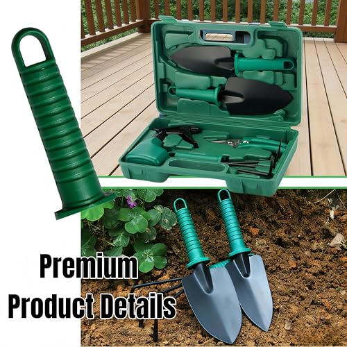 5-Piece Garden Tool Kit with Storage Case, Heavy Duty Gardening Tools Including Shovel, Trowel, Cultivator Rake, Pruners and Spray Bottle for Bonsai, Weeding and Yard Maintenance(Green-5) - color: Green-5