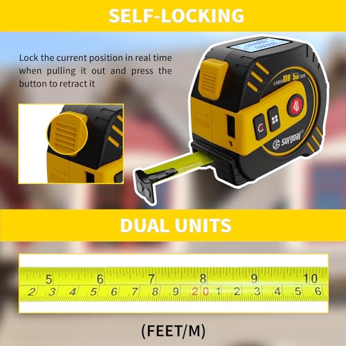 2-in-1 Laser Tape Measure USB-C Recharge 262Ft Laser & 16Ft Tape Red-Beam - color: Red Laser Tape 16ft+262ft