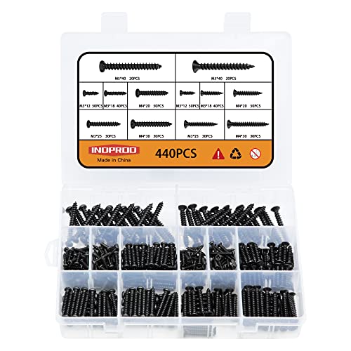 440 pcs M3 M4 M5 Wood Screws Assortment Kit,High Hardness Carbon Steel Self-Tapping Screws,Pan Round Head & Flat Head,Phillips Drive Countersunk Head Screws Set Kit,Black Oxide,Full Thread - size: M3/M4/M5, style: Flat & Round (Carbon Steel)