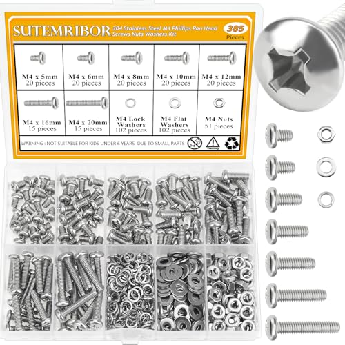 385 Pieces M4 Machine Screws Nuts Washers Set, Sutemribor M4 x 5/6/8/10/12/16/20mm Phillips Pan Head Machine Screws Nuts Washers Assortment Kit, 304 Stainless Steel, Fully Threaded - size: M4, style: Phillips Pan Head