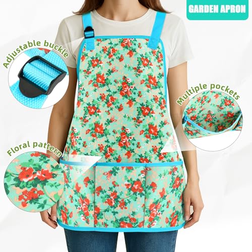 Garden Tools Set, JUMPHIGH 10 PCS Heavy Duty Gardening Tools Includes Hand Trowel Rake Weeder Pruner, Gardening Gifts for Women, Garden Kit with Tote Bag, Apron, Gloves, Kneeling Pad - color: Blue Green