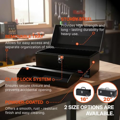 Black Canyon Tool Box,Portable & Padlockable, Sturdy & Durable toolbox, Ideal for Trailer, Mechanic, DIY-ers, Car, Workshops, Garages, Repair Shops (16 IN) - size: 16 IN/MTL