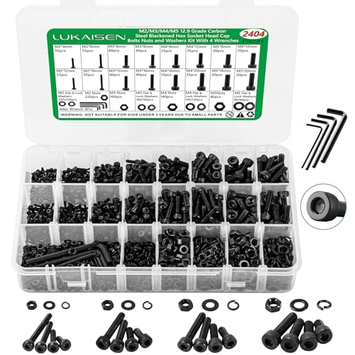 2404PCS Screw Assortment Kit, M2-M5 12.9 Alloy Steel Hex Socket Cap Bolts - size: M2 M3 M4 M5 2404pcs 3