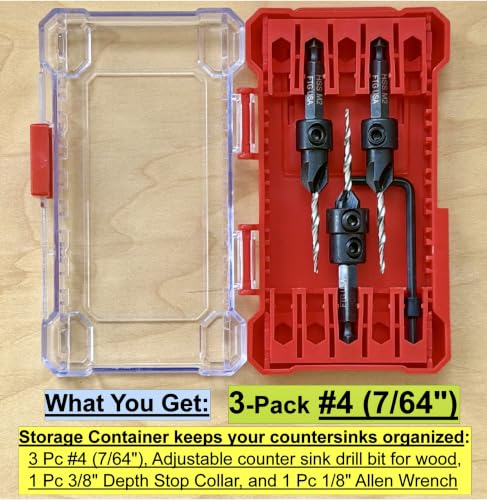 FTG USA 3-Pk #4 (7/64") Countersink Drill Bit Set, 1 Stop, 1 Wrench & Case - size: #4, style: 3 Pc with Depth Stop and Case