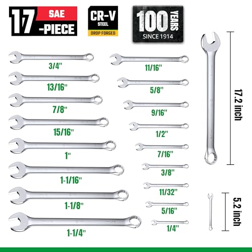 SK Combination Wrench Set, Metric 6 to 32mm, SAE 1/4" to 1-1/4", 42-Piece - size: Metric & SAE 6 to 32 mm