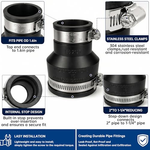 1 1/4" to 2" Flexible Pvc Pipe Coupling with Stainless Steel Clamp, Flexible Fitting for Connecting Cast Iron, Plastic and Copper Pipes, for Sewer and Drain Connections(Black) - size: 1 1/4" to 2"