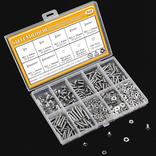 565 Pieces M3 Screws Nuts Washers Set, Sutemribor M3 x 4/6/8/10/12/16/20mm Countersunk Head Socket Cap Screws Nuts Washers Assortment Kit, 304 Stainless Steel, Fully Threaded - size: M3, style: Countersunk Head Socket Cap